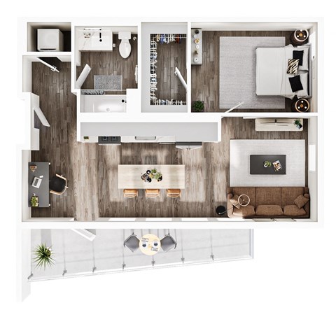 Floor plan for 1 bed, 1 bath, 764 sqft